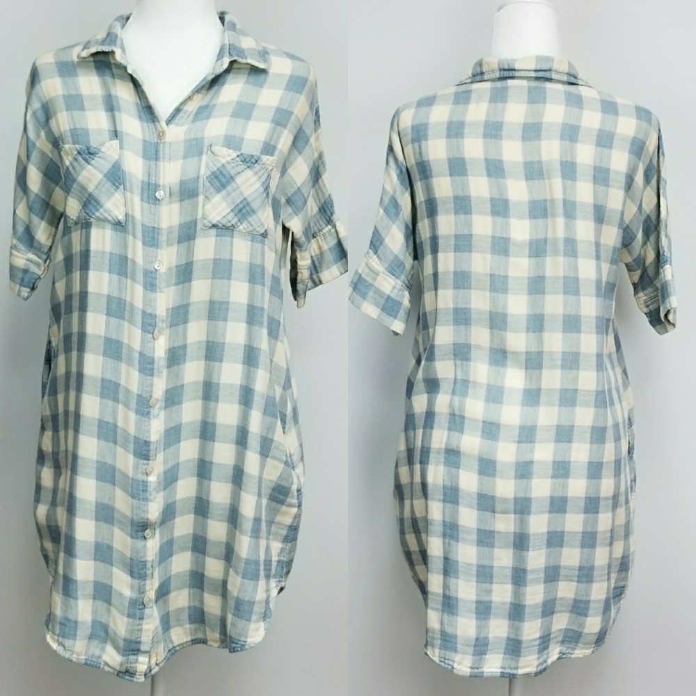White Crow Blue Gingham Shirt Dress pockets S